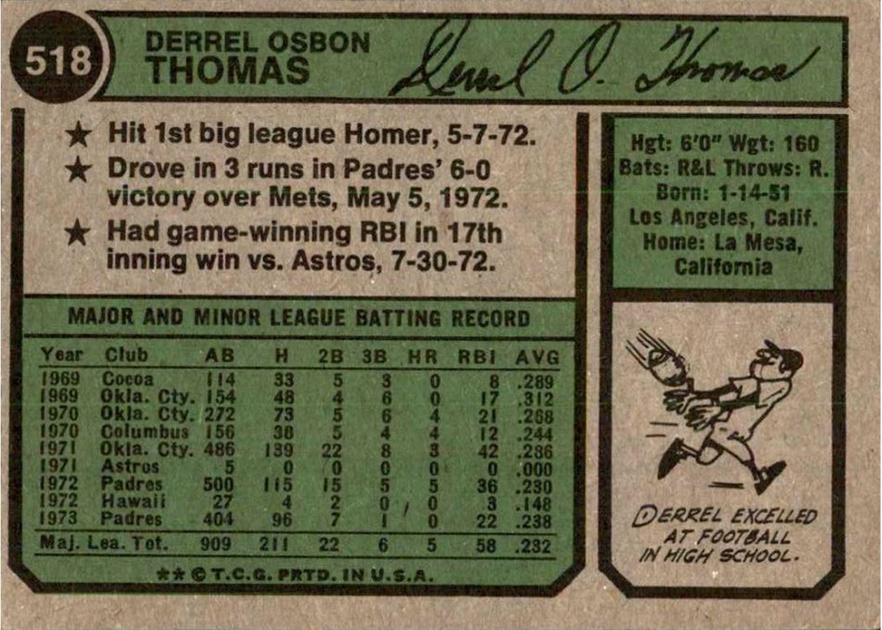 1974 Topps #518 Derrel Thomas card back