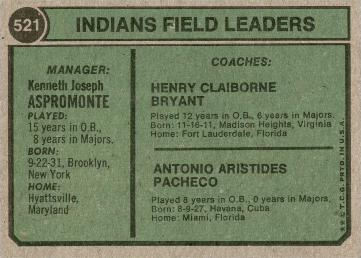 1974 Topps #521 Indians Field Leaders card back