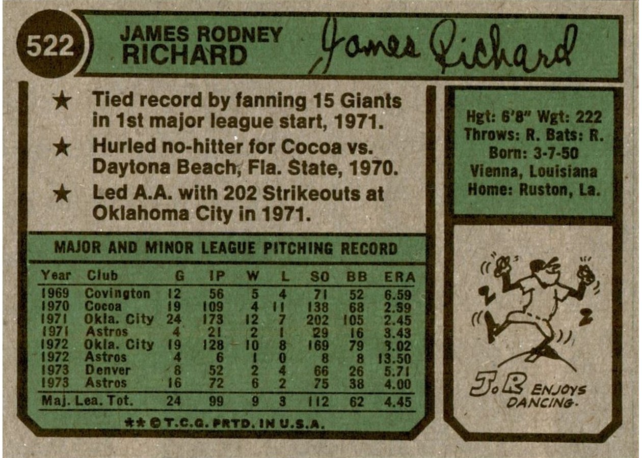 1974 Topps #522 J.R. Richard card back
