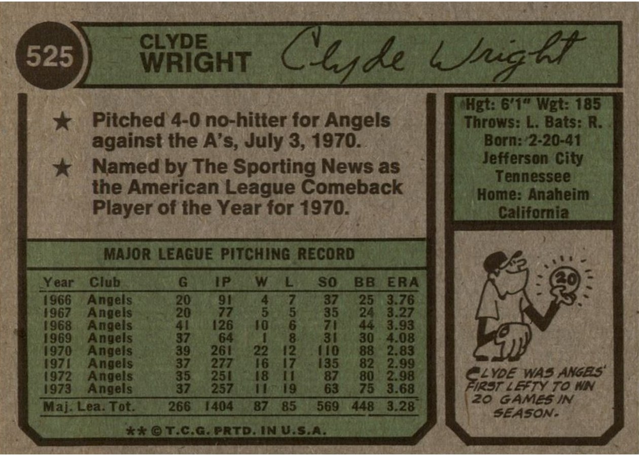 1974 Topps #525 Clyde Wright card back