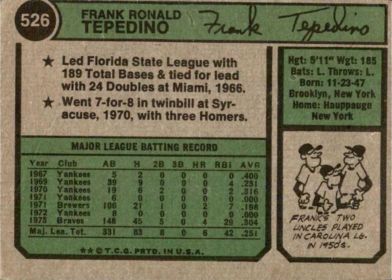 1974 Topps #526 Frank Tepedino card back