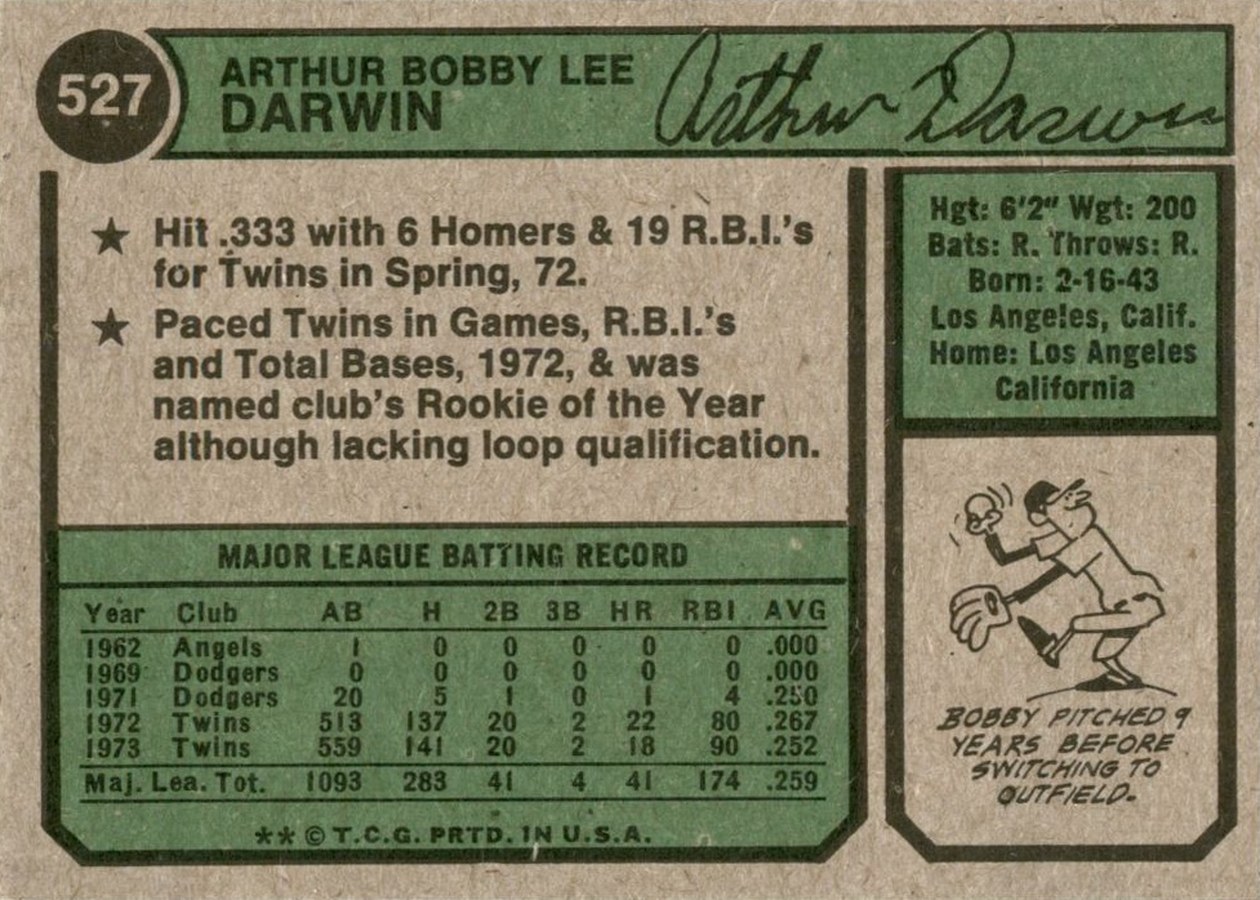 1974 Topps #527 Bobby Darwin card back