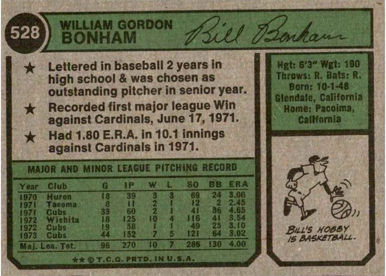 1974 Topps #528 Bill Bonham card back