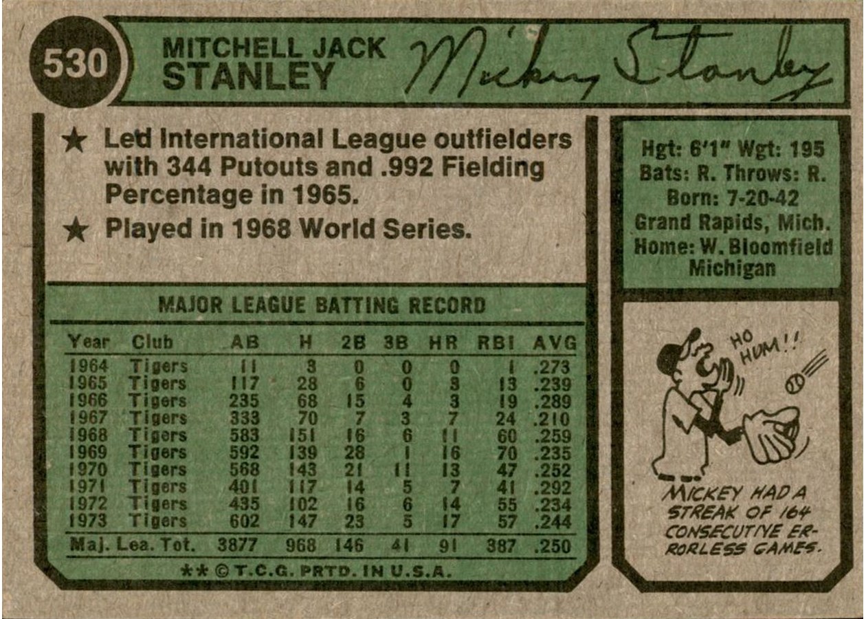 Mickey Stanley #530 - 1974 Topps Baseball Card