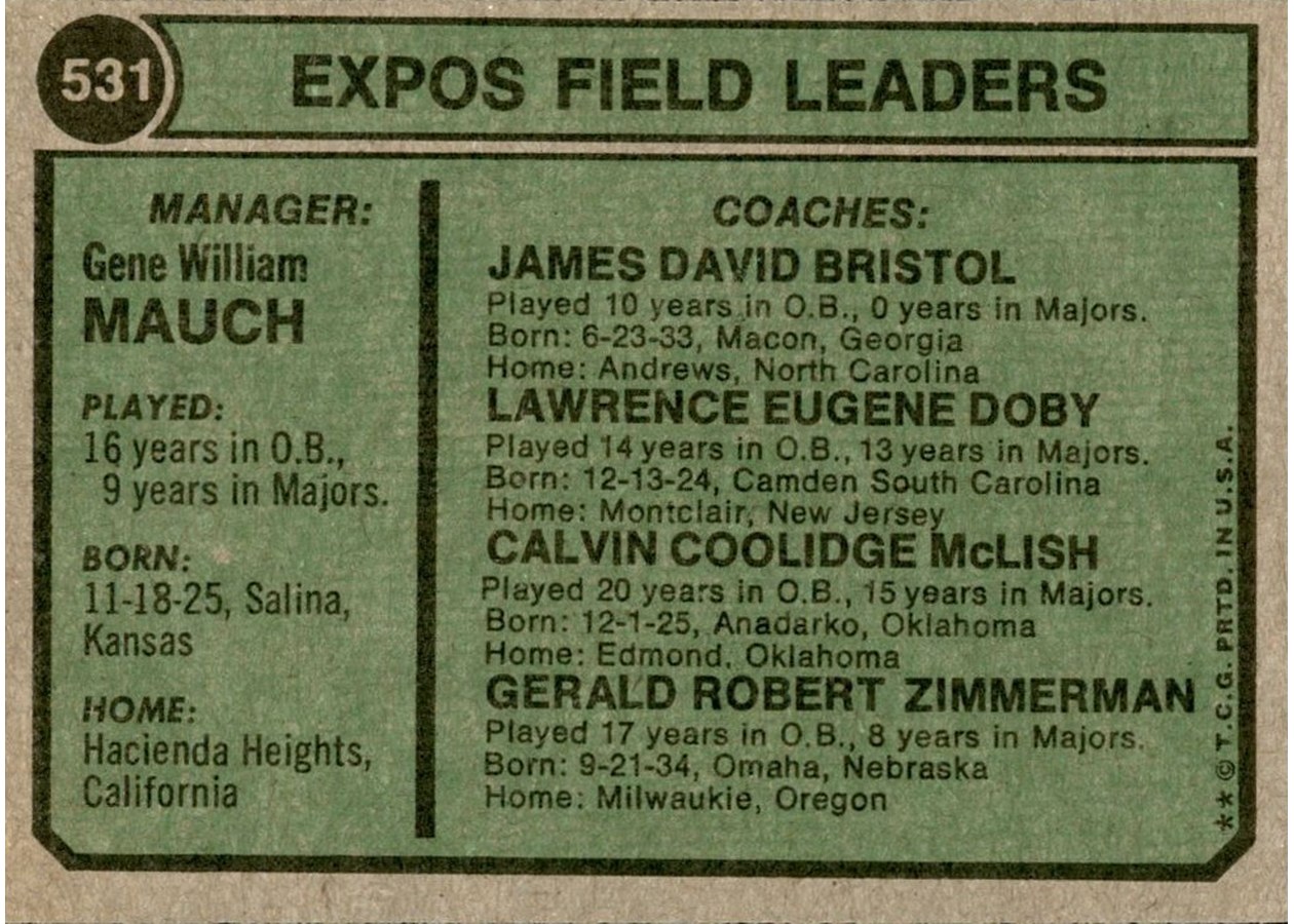1974 Topps #531 Expos Field Leaders card back