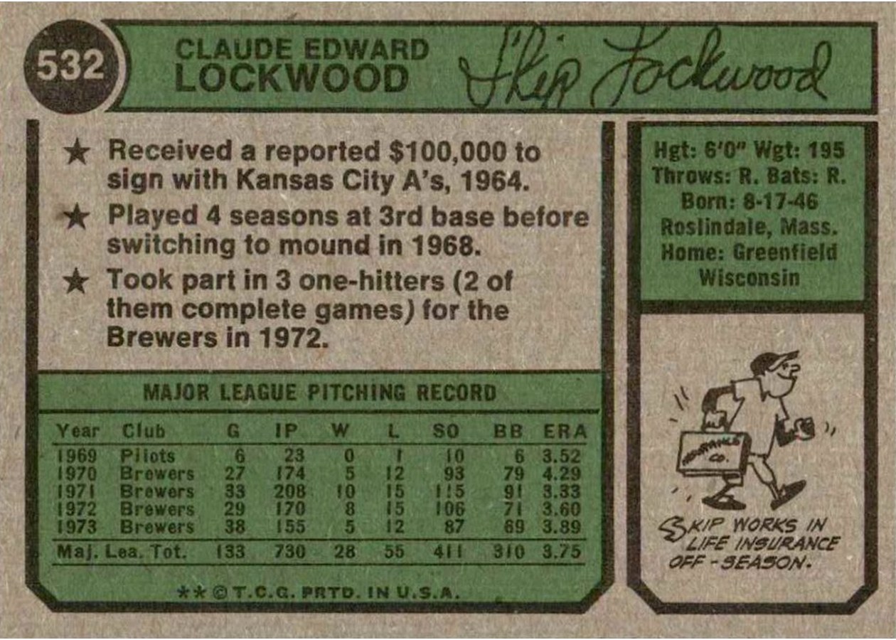 1974 Topps #532 Skip Lockwood card back