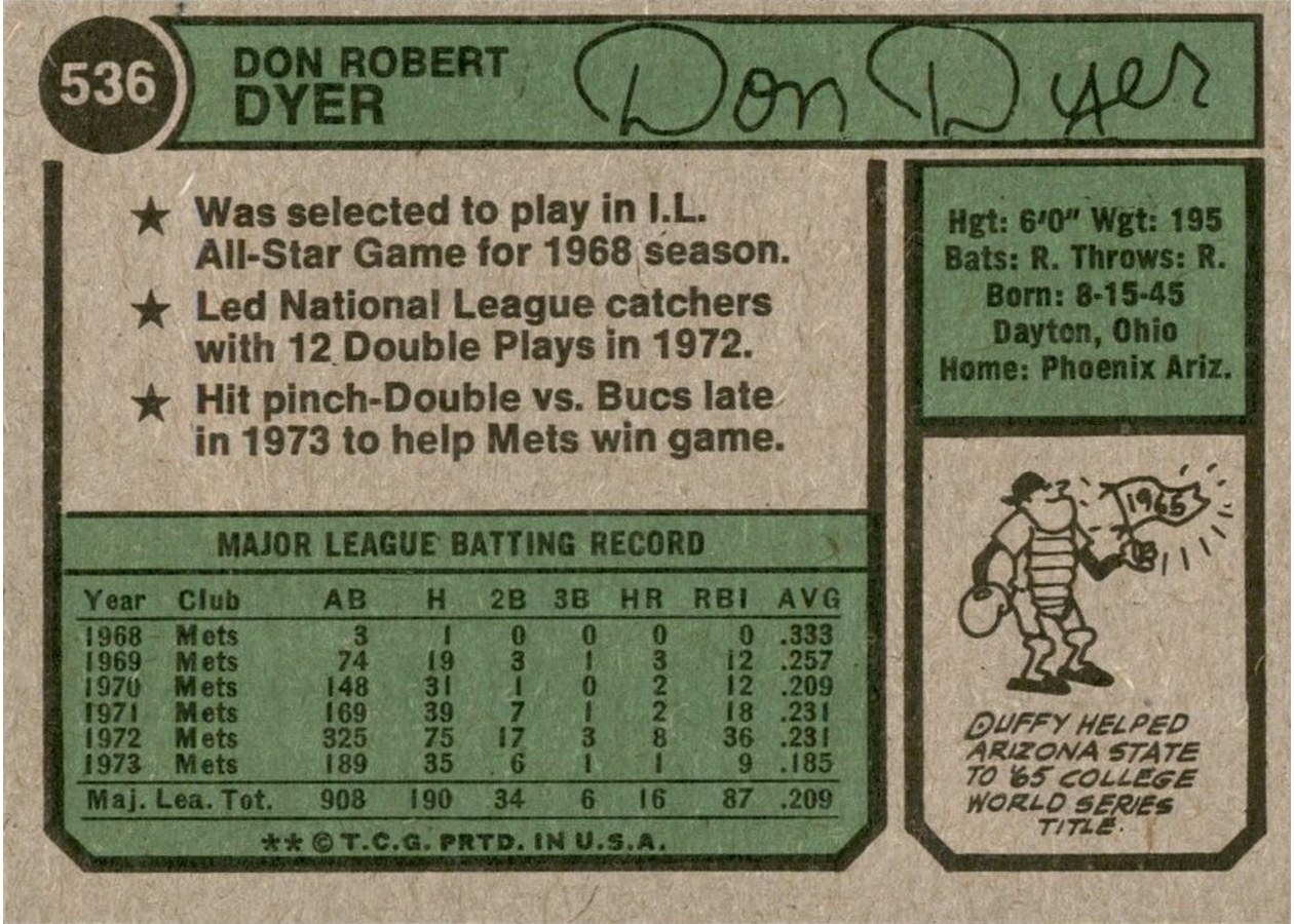 1974 Topps #536 Duffy Dyer card back