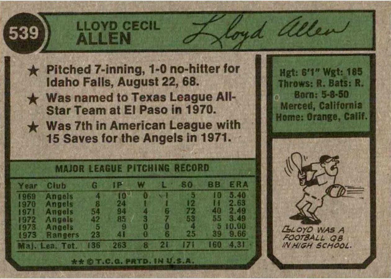 1974 Topps #539 Lloyd Allen card back