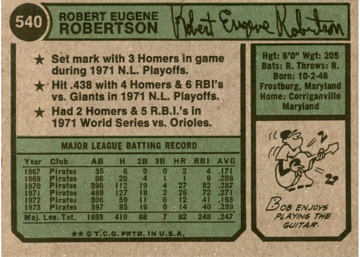 1974 Topps #540 Bob Robertson card back