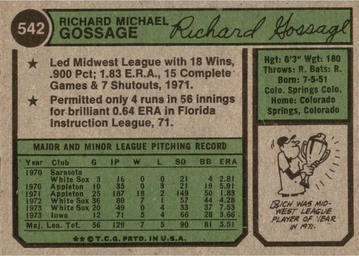 1974 Topps #542 Rich Gossage card back