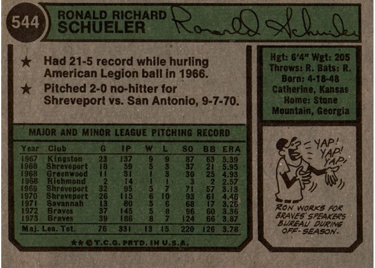 1974 Topps #544 Ron Schueler card back