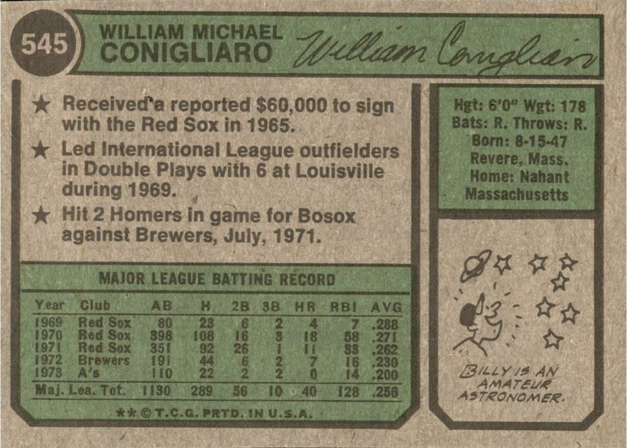 1974 Topps #545 Billy Conigliaro card back