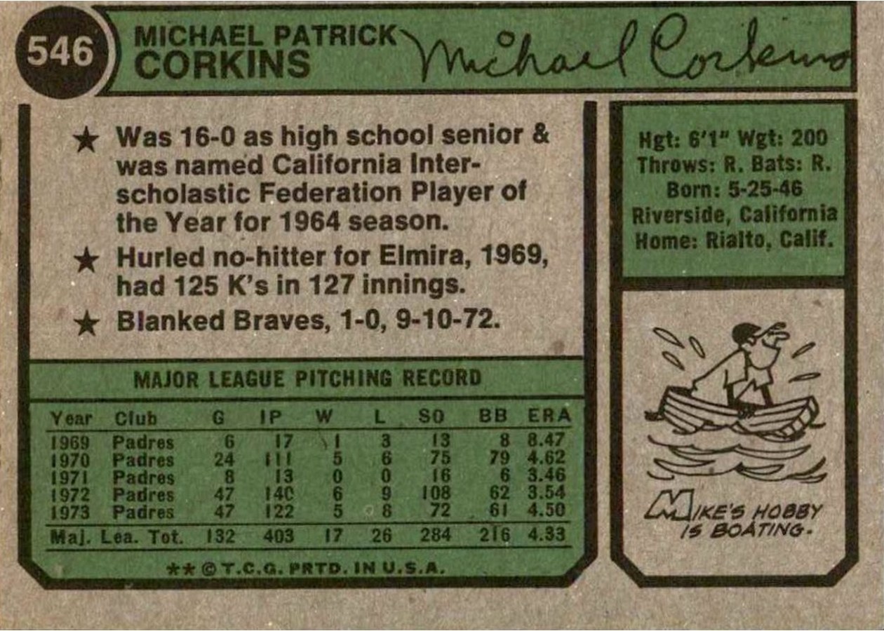 1974 Topps #546 Mike Corkins card back