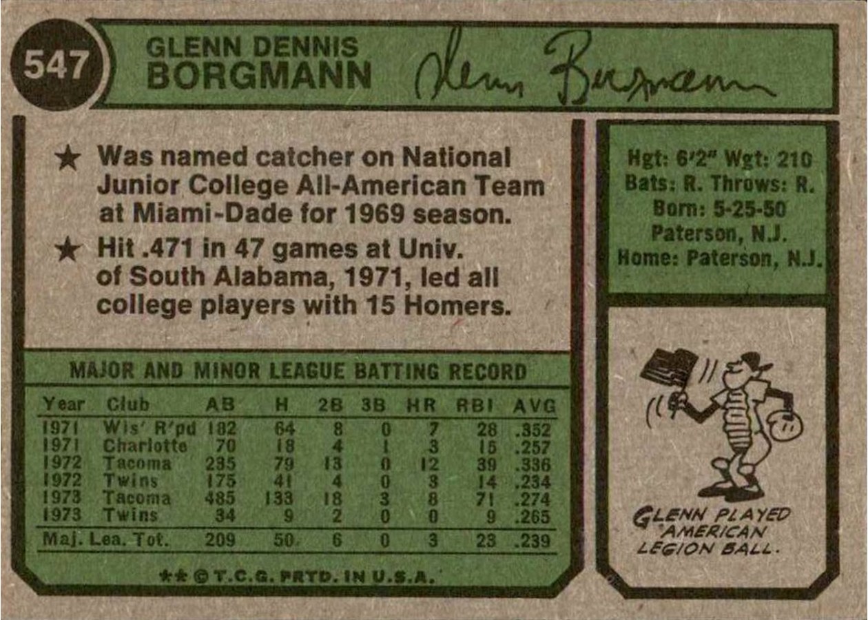 1974 Topps #547 Glenn Borgmann card back