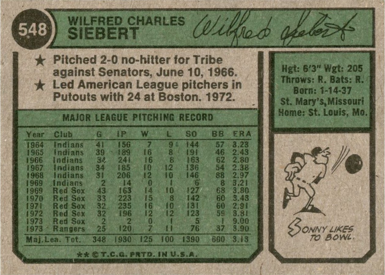 1974 Topps #548 Sonny Siebert card back