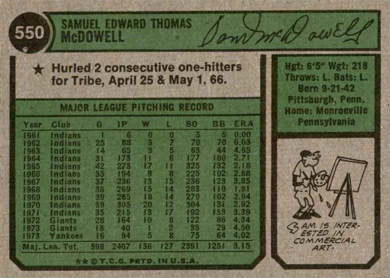 1974 Topps #550 Sam McDowell card back