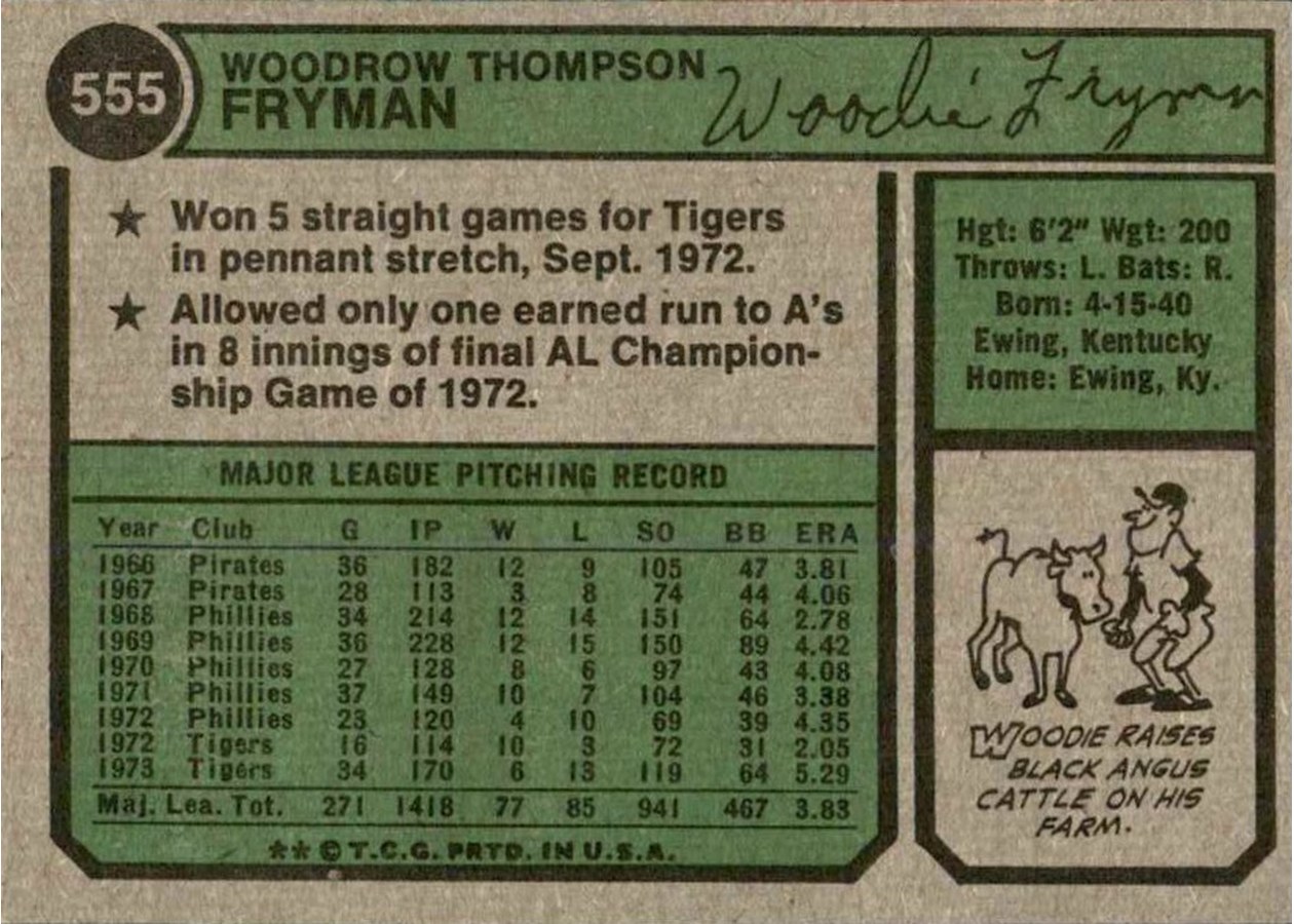 1974 Topps #555 Woodie Fryman card back