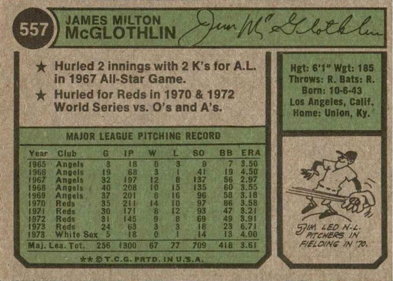 1974 Topps #557 Jim McGlothlin card back