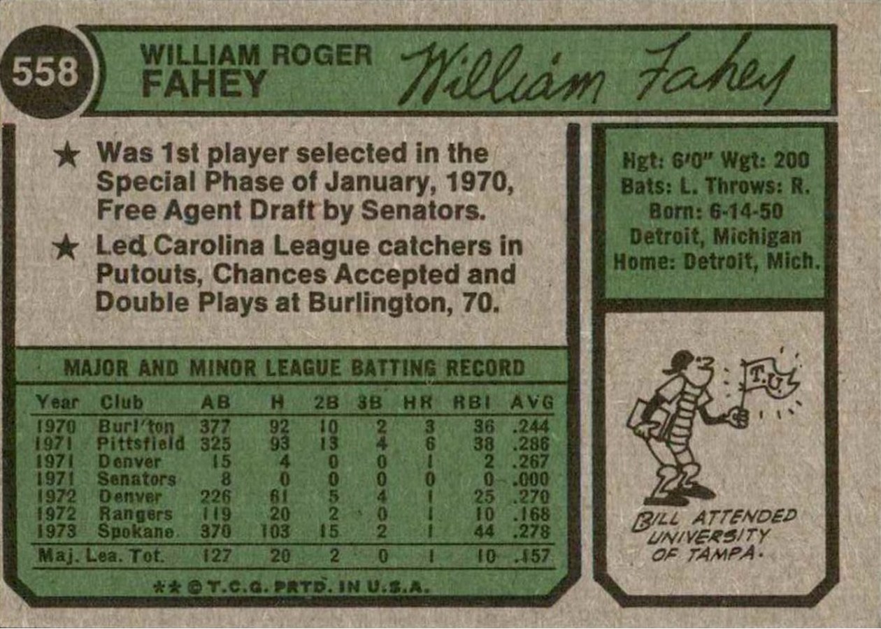 1974 Topps #558 Bill Fahey card back