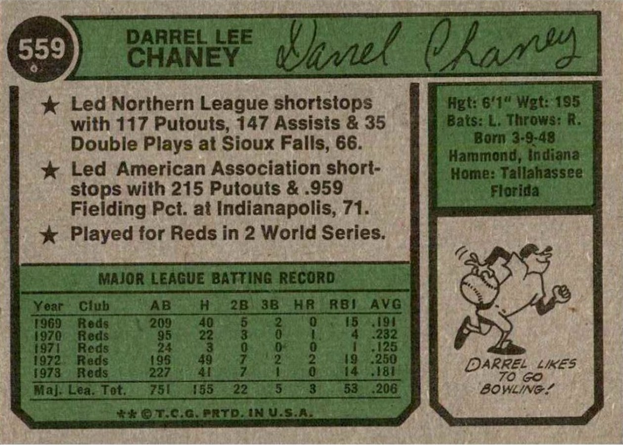 1974 Topps #559 Darrel Chaney card back