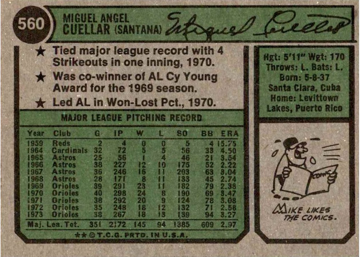 1974 Topps #560 Mike Cuellar card back