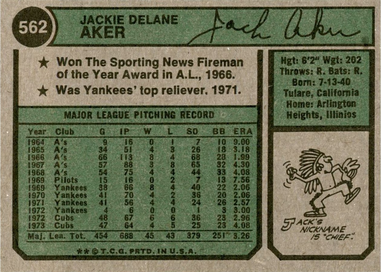 1974 Topps #562 Jack Aker card back