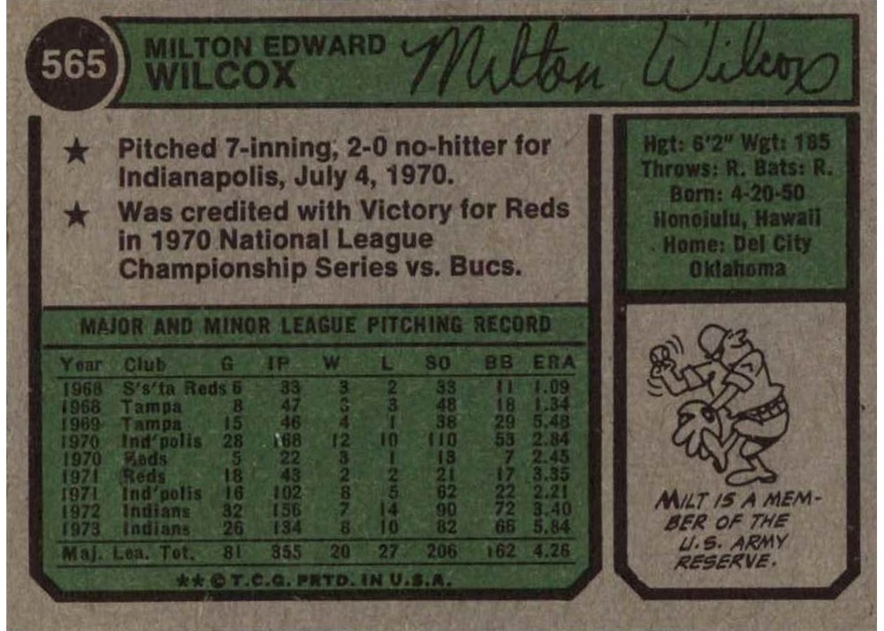 1974 Topps #565 Milt Wilcox card back