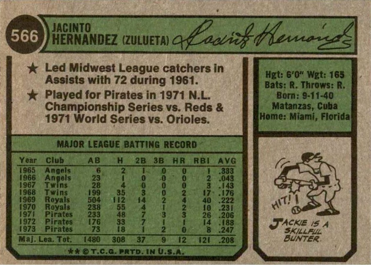 1974 Topps #566 Jackie Hernandez card back