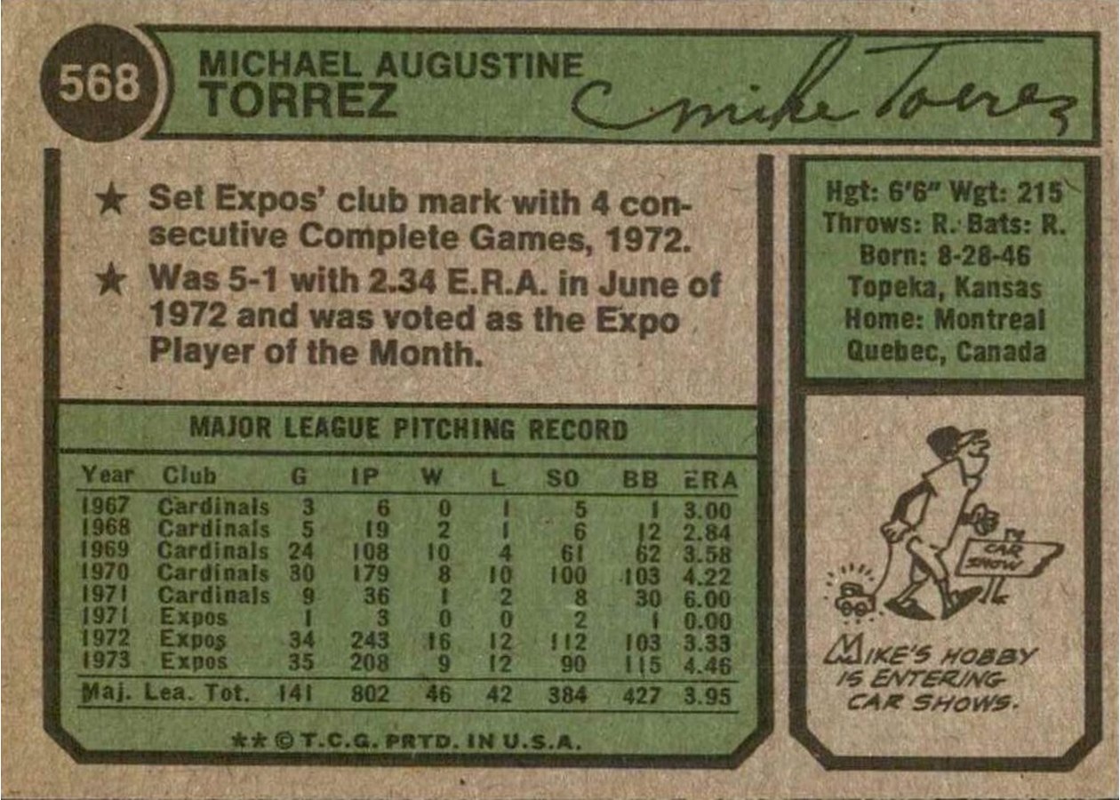 1974 Topps #568 Mike Torrez card back