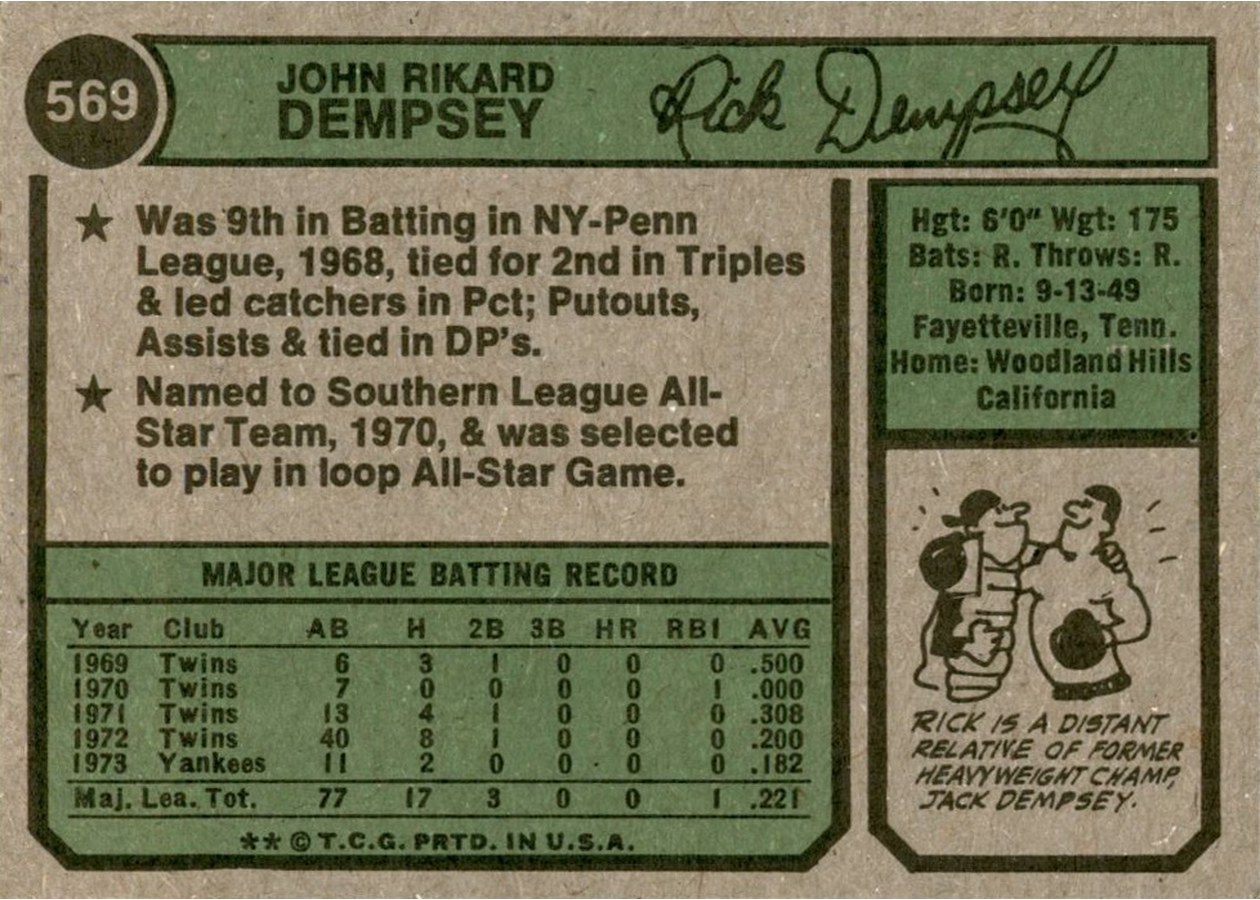 1974 Topps #569 Rick Dempsey card back