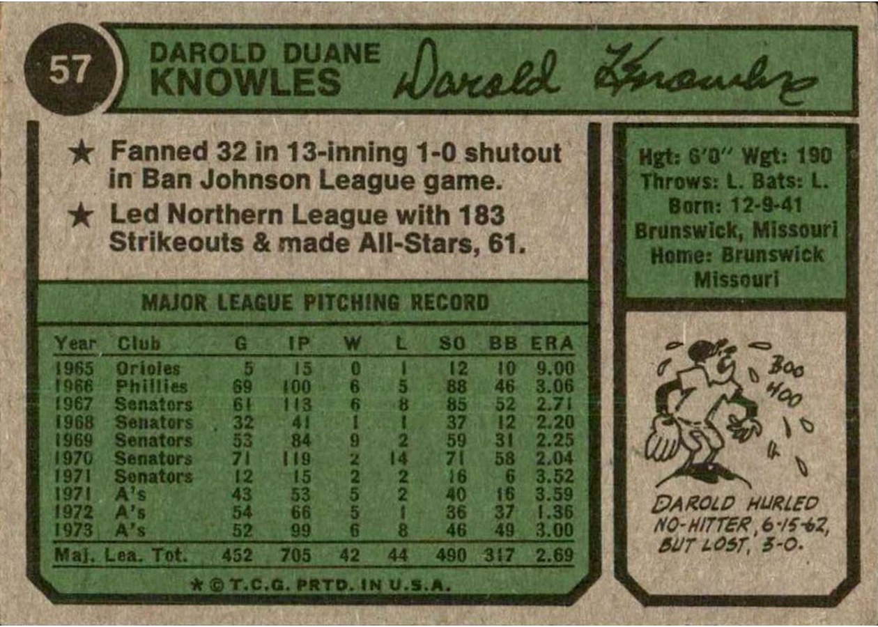 1974 Topps #57 Darold Knowles card back