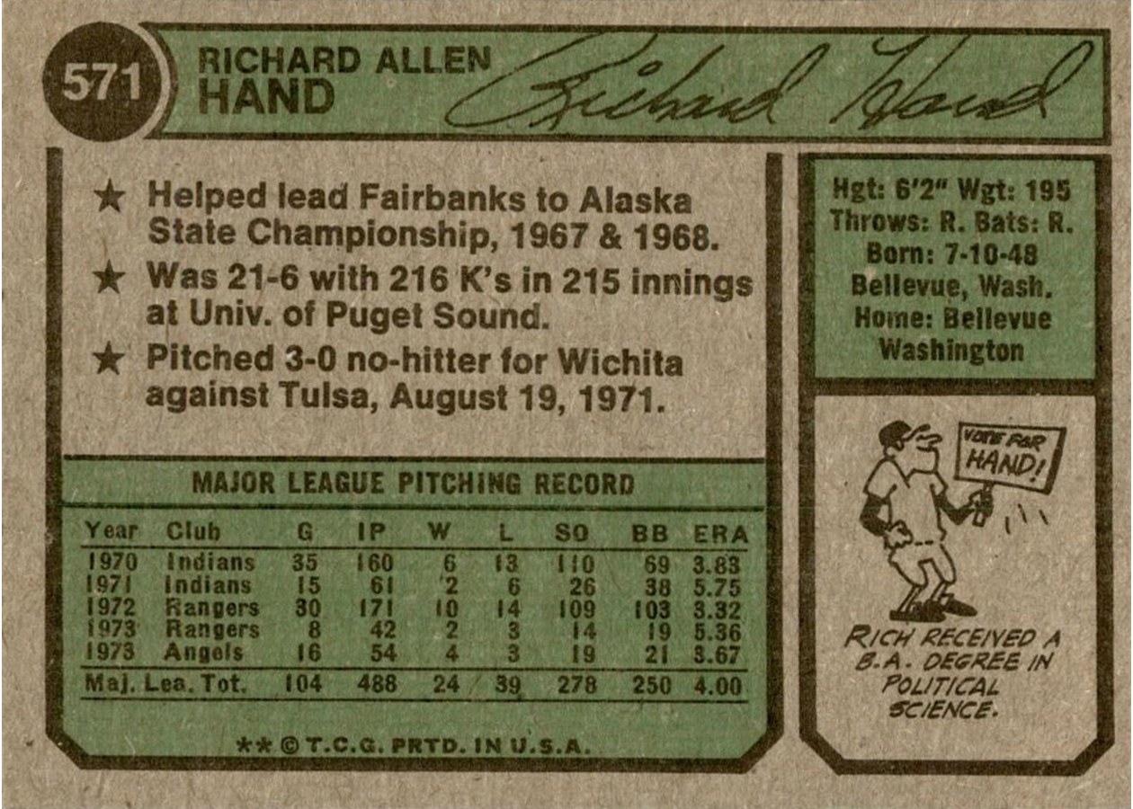 1974 Topps #571 Rich Hand card back
