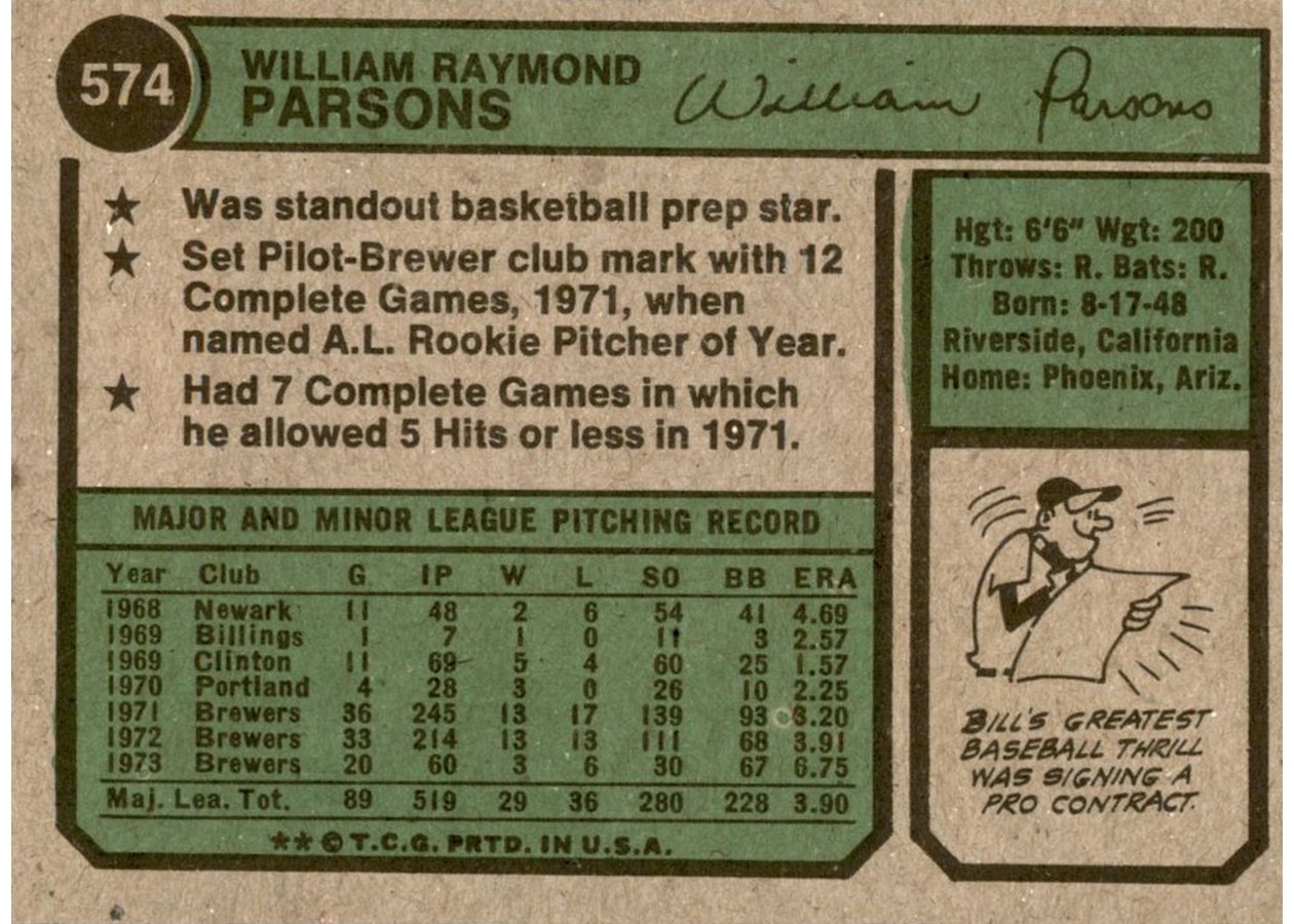 1974 Topps #574 Bill Parsons card back