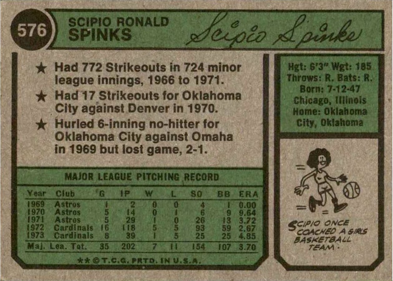 1974 Topps #576 Scipio Spinks card back