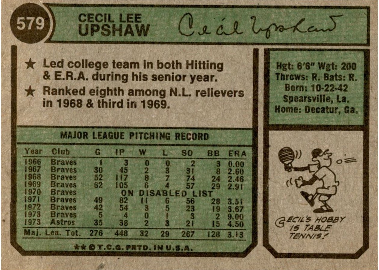 1974 Topps #579 Cecil Upshaw card back