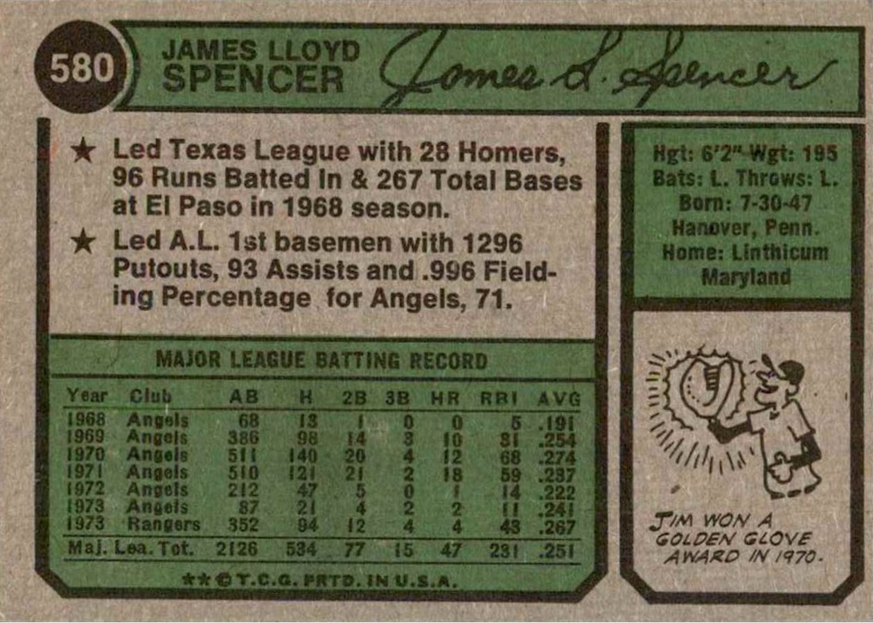 1974 Topps #580 Jim Spencer card back