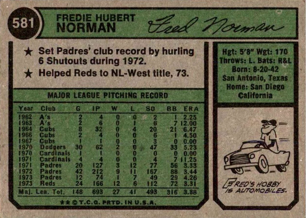 1974 Topps #581 Fred Norman card back