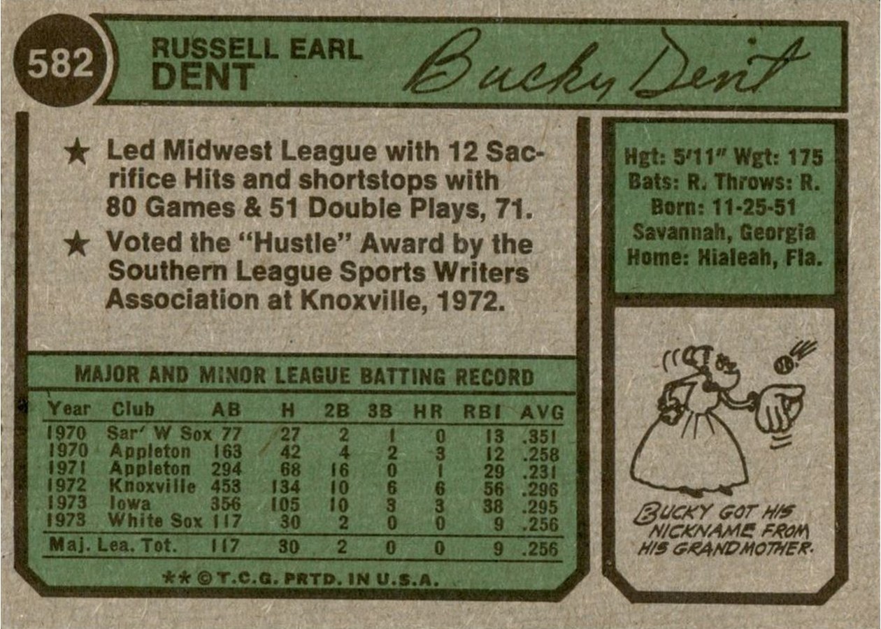 1974 Topps #582 Bucky Dent card back