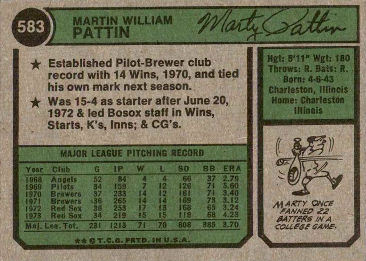 1974 Topps #583 Marty Pattin card back
