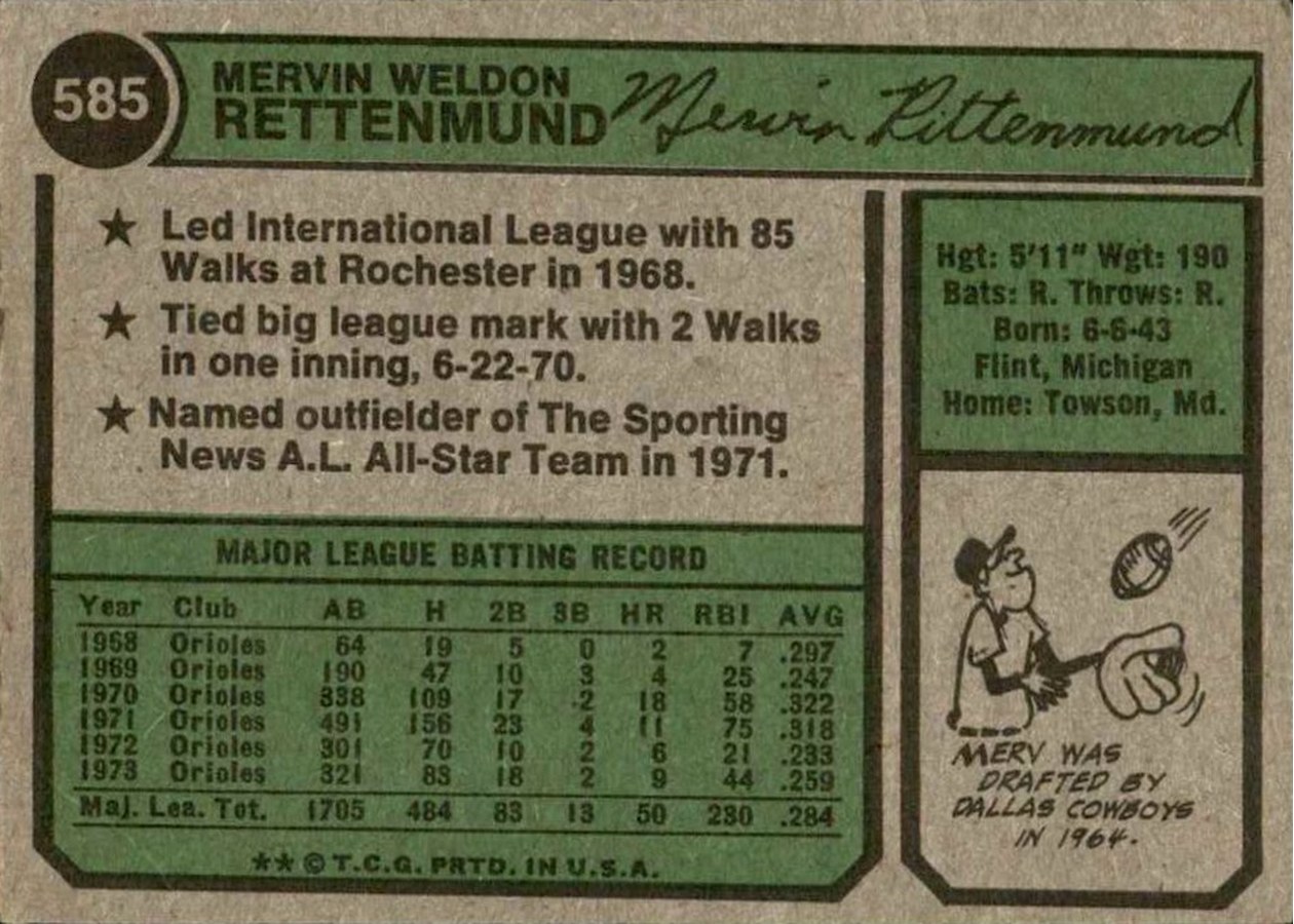 1974 Topps #585 Merv Rettenmund card back