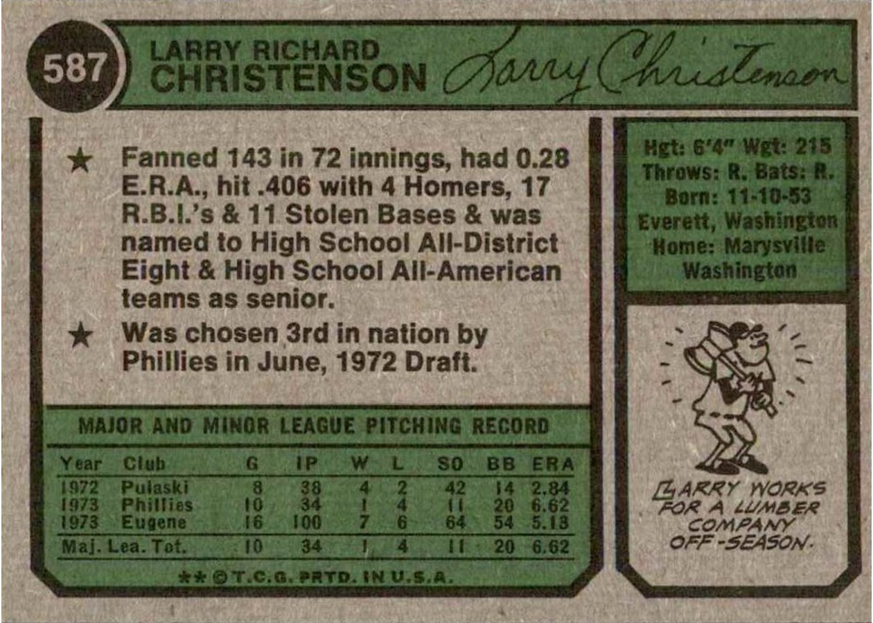 1974 Topps #587 Larry Christenson card back
