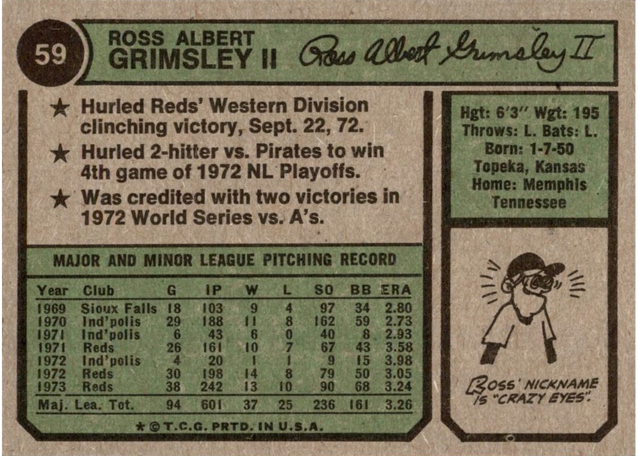 1974 Topps #59 Ross Grimsley card back