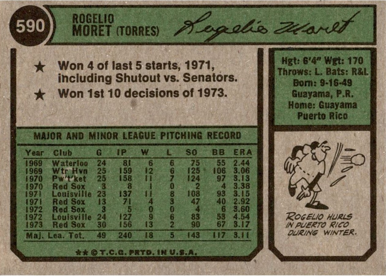 1974 Topps #590 Rogelio Moret card back