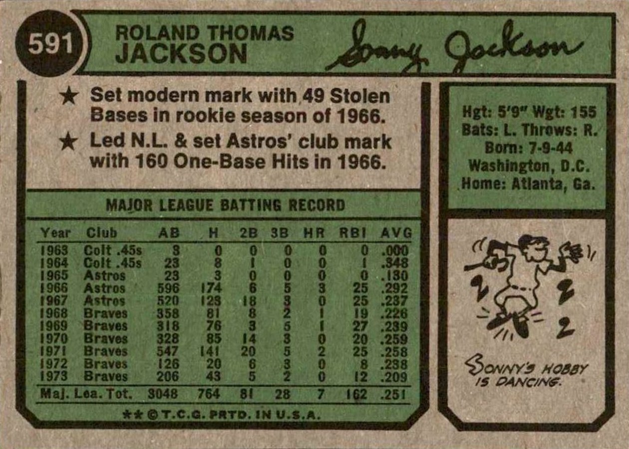 1974 Topps #591 Sonny Jackson card back