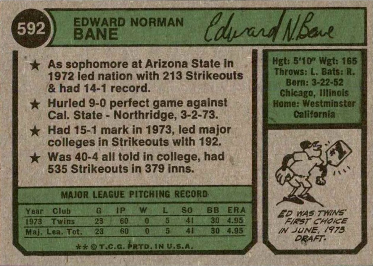 1974 Topps #592 Ed Bane card back