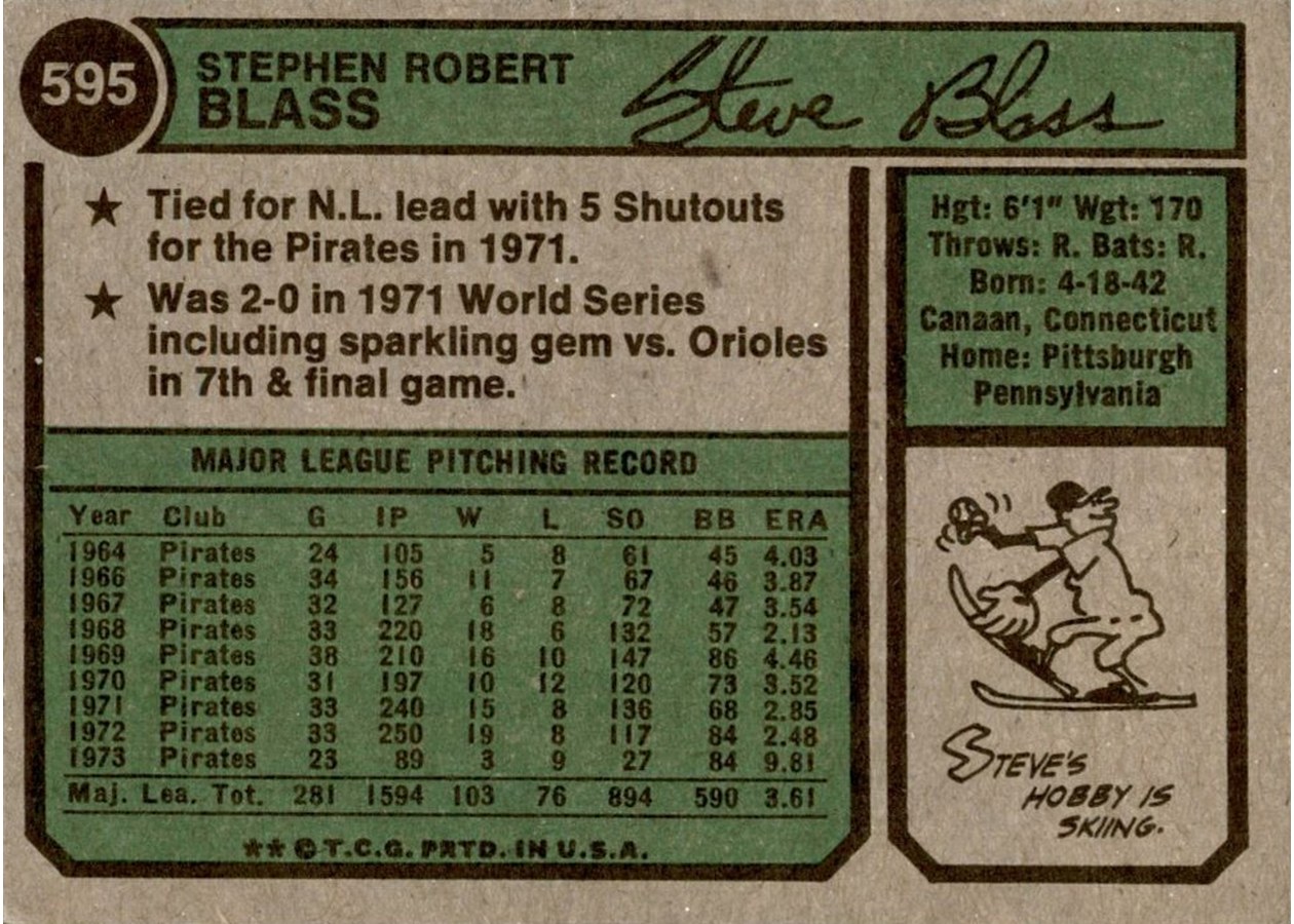 1974 Topps #595 Steve Blass card back
