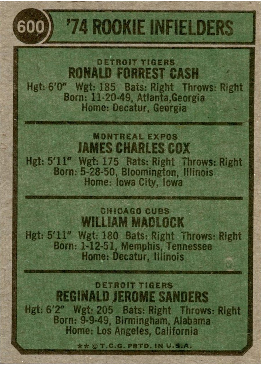 1974 Topps #600 1974 Rookie Infielders card back