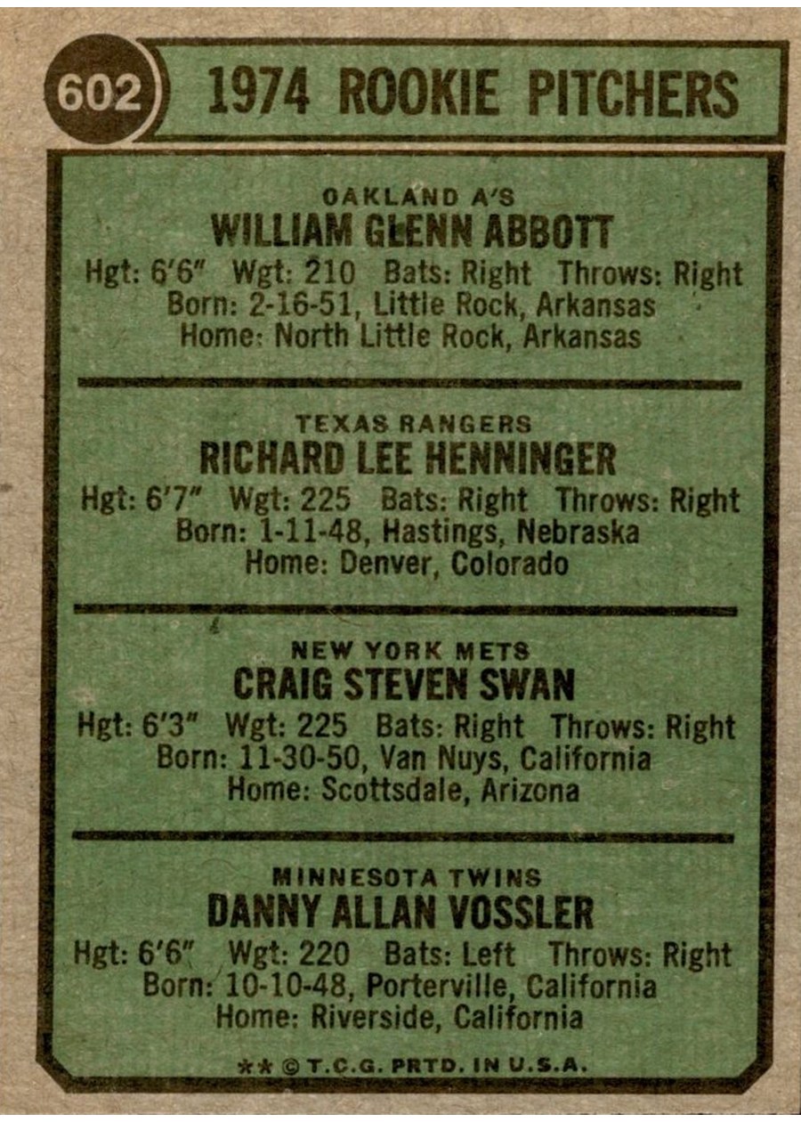 1974 Topps #602 1974 Rookie Pitchers card back