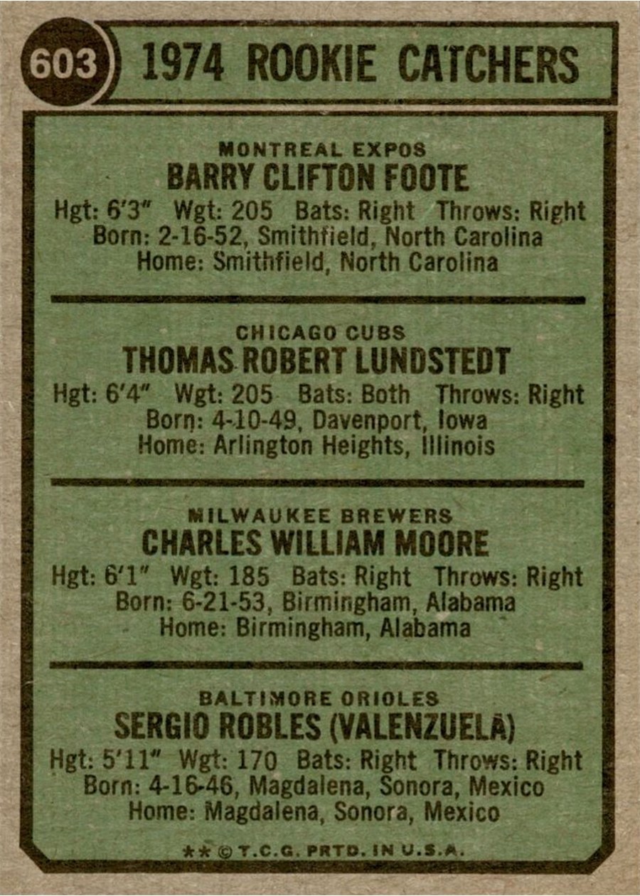 1974 Topps #603 1974 Rookie Catchers card back