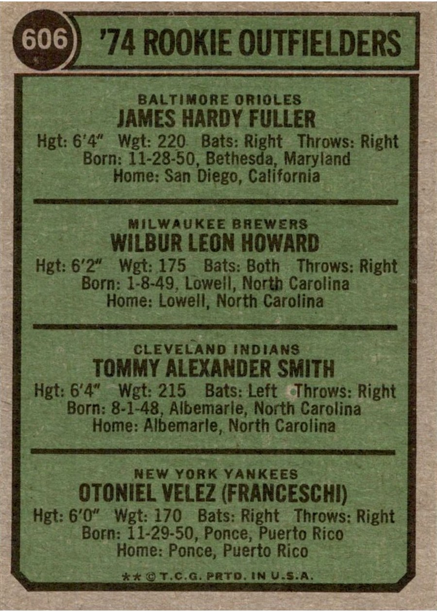 1974 Topps #606 1974 Rookie Outfielders card back